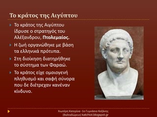 Σο κράτοσ τησ Αιγύπτου
Χιωτζρθ Κατερίνα -1ο Γυμνάςιο Κοηάνθσ
(Βαλταδϊρειο) katchiot.blogspot.gr
 Σο κράτοσ τθσ Αιγφπτου
ίδρυςε ο ςτρατθγόσ του
Αλζξανδρου, Πτολεμαίοσ.
 Η ηωι οργανϊκθκε με βάςθ
τα ελλθνικά πρότυπα.
 ΢τθ διοίκθςθ διατθρικθκε
το ςφςτθμα των Φαραϊ.
 Σο κράτοσ είχε ομοιογενι
πλθκυςμό και ςαφι ςφνορα
που δε διζτρεχαν κανζναν
κίνδυνο.
 
