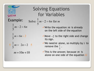 Solving Equations
for Variables
5
Example:
Write the equation: is already
on the left side of the equation
Move to the right side and change
its sign.
We need alone, so multiply by to
remove the .
This is the answer, because is
alone on one side of the equation 
m
2
m
m
1
Solve 2 6 for
5
m n m
1
2 6
5
m n
1
6
5
2m n
5 5
1
2 2
5
m n
10 10m n
1
5
 