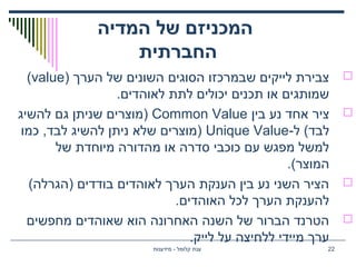 ‫המדיה‬ ‫של‬ ‫המכניזם‬
‫החברתית‬
) ‫הערך‬ ‫של‬ ‫השונים‬ ‫הסוגים‬ ‫שבמרכזו‬ ‫לייקים‬ ‫צבירת‬value(
.‫לאוהדים‬ ‫לתת‬ ‫יכולים‬ ‫תכנים‬ ‫או‬ ‫שמותגים‬
‫בין‬ ‫נע‬ ‫אחד‬ ‫ציר‬Common Value‫להשיג‬ ‫גם‬ ‫שניתן‬ ‫)מוצרים‬
-‫ל‬ (‫לבד‬Unique Value‫כמו‬ ,‫לבד‬ ‫להשיג‬ ‫ניתן‬ ‫שלא‬ ‫)מוצרים‬
‫של‬ ‫מיוחדת‬ ‫מהדורה‬ ‫או‬ ‫סדרה‬ ‫כוכבי‬ ‫עם‬ ‫מפגש‬ ‫למשל‬
.(‫המוצר‬
(‫)הגרלה‬ ‫בודדים‬ ‫לאוהדים‬ ‫הערך‬ ‫הענקת‬ ‫בין‬ ‫נע‬ ‫השני‬ ‫הציר‬
.‫האוהדים‬ ‫לכל‬ ‫הערך‬ ‫להענקת‬
‫מחפשים‬ ‫שאוהדים‬ ‫הוא‬ ‫האחרונה‬ ‫השנה‬ ‫של‬ ‫הברור‬ ‫הטרנד‬
.‫לייק‬ ‫על‬ ‫ללחיצה‬ ‫מיידי‬ ‫ערך‬
‫מידענות‬ - ‫קלומל‬ ‫ענת‬ 22
 