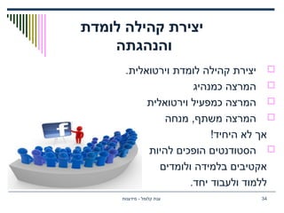 ‫לומדת‬ ‫קהילה‬ ‫יצירת‬
‫והנהגתה‬
.‫וירטואלית‬ ‫לומדת‬ ‫קהילה‬ ‫יצירת‬
‫כמנהיג‬ ‫המרצה‬
‫וירטואלית‬ ‫כמפעיל‬ ‫המרצה‬
‫מנחה‬ ,‫משתף‬ ‫המרצה‬
!‫היחיד‬ ‫לא‬ ‫אך‬
‫להיות‬ ‫הופכים‬ ‫הסטודנטים‬
‫ולומדים‬ ‫בלמידה‬ ‫אקטיבים‬
.‫יחד‬ ‫ולעבוד‬ ‫ללמוד‬
‫מידענות‬ - ‫קלומל‬ ‫ענת‬ 34
 