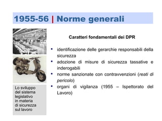 Lo sviluppo
del sistema
legislativo
in materia
di sicurezza
sul lavoro
1955-56 | Norme generali
Caratteri fondamentali dei DPR
 identificazione delle gerarchie responsabili della
sicurezza
 adozione di misure di sicurezza tassative e
inderogabili
 norme sanzionate con contravvenzioni (reati di
pericolo)
 organi di vigilanza (1955 – Ispettorato del
Lavoro)
 