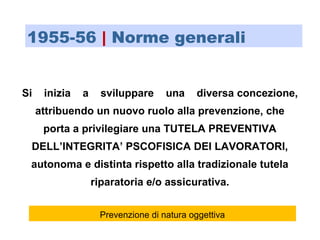 Si inizia a sviluppare una diversa concezione,
attribuendo un nuovo ruolo alla prevenzione, che
porta a privilegiare una TUTELA PREVENTIVA
DELL’INTEGRITA’ PSCOFISICA DEI LAVORATORI,
autonoma e distinta rispetto alla tradizionale tutela
riparatoria e/o assicurativa.
1955-56 | Norme generali
Prevenzione di natura oggettiva
 