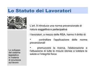 Lo sviluppo
del sistema
legislativo
in materia
di sicurezza
sul lavoro
Lo Statuto dei Lavoratori
L’art. 9 introduce una norma prevenzionale di
natura soggettiva e partecipativasoggettiva e partecipativa
I lavoratori, a mezzo delle RSA, hanno il diritto di:
 controllare l'applicazione delle norme
prevenzionali
 promuovere la ricerca, l'elaborazione e
l'attuazione di tutte le misure idonee a tutelare la
salute e l’integrità fisica
 