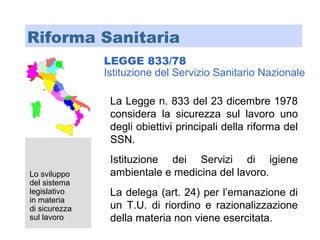 Lo sviluppo
del sistema
legislativo
in materia
di sicurezza
sul lavoro
Riforma Sanitaria
LEGGE 833/78
Istituzione del Servizio Sanitario Nazionale
La Legge n. 833 del 23 dicembre 1978
considera la sicurezza sul lavoro uno
degli obiettivi principali della riforma del
SSN.
Istituzione dei Servizi di igiene
ambientale e medicina del lavoro.
La delega (art. 24) per l’emanazione di
un T.U. di riordino e razionalizzazione
della materia non viene esercitata.
 
