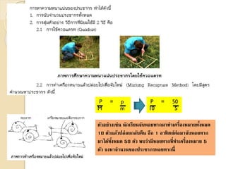 P = p
M m
ตัวอย่างเช่น นักเรียนจับหอยทากมาทาเครื่องหมายทั้งหมด
10 ตัวแล้วปล่อยกลับคืน อีก 1 อาทิตย์ต่อมาจับหอยทาก
มาได้ทั้งหมด 50 ตัว พบว่ามีหอยทากที่ทาเครื่องหมาย 5
ตัว จงหาจานวนของประชากรหอยทากนี้
P = 50
10 5
 