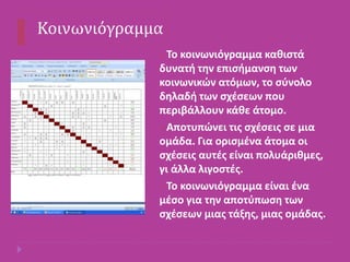 Κοινωνιόγραμμα
Το κοινωνιόγραμμα καθιστά
δυνατή την επισήμανση των
κοινωνικών ατόμων, το σύνολο
δηλαδή των σχέσεων που
περιβάλλουν κάθε άτομο.
Αποτυπώνει τις σχέσεις σε μια
ομάδα. Για ορισμένα άτομα οι
σχέσεις αυτές είναι πολυάριθμες,
γι άλλα λιγοστές.
Το κοινωνιόγραμμα είναι ένα
μέσο για την αποτύπωση των
σχέσεων μιας τάξης, μιας ομάδας.
 