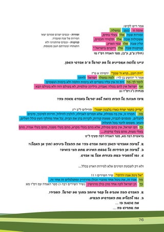 76 76
:‫לקיש‬ ‫ריש‬ ‫אמר‬
.‫נמשלה‬ ‫כגפן‬ ‫זו‬ ‫אומה‬
,‫בתים‬ ‫בעלי‬ ‫אלו‬ ‫שבה‬ ‫זמורות‬
,‫חכמים‬ ‫תלמידי‬ ‫אלו‬ ‫שבה‬ ‫אשכולות‬
,‫הארץ‬ ‫עמי‬ ‫אלו‬ ‫שבה‬ ‫עלין‬
".‫בישראל‬ ‫ריקנים‬ ‫אלו‬ ‫שבה‬ ‫קנוקנות‬
‫מו‬ ‫רס"ז‬ ‫האגדה‬ ‫ספר‬ ,)‫ע"ב‬ ,‫צ"ב‬ ‫(חולין‬
.‫הגפן‬ ‫מדרשי‬ ‫ע"פ‬ ‫ישראל‬ ‫עם‬ ‫של‬ ‫מאפיינים‬ ‫שלושה‬ ‫ציינו‬
‫ט"ז‬ ‫א‬ ‫ירמיהו‬ "‫שמך‬ '‫ה‬ ‫רענן...קרא‬ ‫"זית‬
?‫לזית‬ ‫ישראל‬ ‫נמשלו‬ ‫למה‬ :‫לוי‬ ‫בן‬ ‫יהושע‬ '‫ר‬ ‫אמר‬
‫הגשמים‬ ‫בימות‬ ‫ולא‬ ‫החמה‬ ‫בימות‬ ‫לא‬ ‫נושרים‬ ‫עליו‬ ‫אין‬ ‫זה‬ ‫זית‬ ‫מה‬ :‫לך‬ ‫לומר‬
‫הבא‬ ‫בעולם‬ ‫ולא‬ ‫הזה‬ ‫בעולם‬ ‫לא‬ ,‫עולמית‬ (‫כיליון‬ ,‫)אבדון‬ ‫בטלה‬ ‫להם‬ ‫אין‬ ‫ישראל‬ ‫אף‬
‫רס"ז/נג‬ ‫נ"ג‬ ‫מנחות‬
?‫זה‬ ‫אגדה‬ ‫במדרש‬ ‫ישראל‬ ‫לעם‬ ‫דומה‬ ‫הזית‬ ‫של‬ ‫תכונה‬ ‫איזו‬
‫י"ג‬ ‫ל"ב‬ ‫תהילים‬ "‫ישגה‬ ‫בלבנון‬ ‫כארז‬ ‫יפרח‬ ‫כתמר‬ ‫"צדיק‬
‫סיבים‬ ,‫לסיכוך‬ ‫חריות‬ ,‫להילול‬ ‫לולבין‬ ,‫לאכילה‬ ‫תמרים‬ ‫אלא‬ ,‫פסולת‬ ‫בה‬ ‫אין‬ ,‫זו‬ ‫תמרה‬ ‫מה‬
,‫העלים‬ ‫כולל‬ ‫העץ‬ ‫מחלקי‬ ‫אחד‬ ‫[כל‬ .‫הבית‬ ‫את‬ ‫בהן‬ ‫לקרות‬ ,‫קורות‬ ‫שפעת‬ ,‫לכברה‬ ‫סנסנים‬ ,‫לחבלים‬
]‫תועלת‬ ‫בעל‬ ‫לדבר‬ ‫משמש‬ ‫והגזע‬
‫מהם‬ ,‫אגדה‬ ‫בעלי‬ ‫מהם‬ ,‫משנה‬ ‫בעלי‬ ‫מהם‬ ,‫מקרא‬ ‫בעלי‬ ‫מהם‬ ‫אלא‬ ,‫פסולת‬ ‫בהם‬ ‫אין‬ ,‫ישראל‬ ‫הם‬ ‫כך‬
....‫צדקות‬ ‫בעלי‬ ‫מהם‬ ,‫מצות‬ ‫בעלי‬
‫ל"ט‬ ‫סעיף‬ ‫רסה‬ ‫האגדה‬ ‫ספר‬ ,‫מא‬ ‫רבה‬ ‫בראשית‬
?)‫המשל‬ ‫מן‬ ‫(חוץ‬ ‫ביניהם‬ ‫ההבדל‬ ‫מה‬ ?‫זה‬ ‫מדרש‬ ‫דומה‬ ‫הגפן‬ ‫ממדרשי‬ ‫לאיזה‬ 	.‫א‬
?‫דומים‬ ‫הכי‬ ‫אתם‬ ‫המינים‬ ‫שבעת‬ ‫של‬ ‫הפירות‬ ‫מן‬ ‫לאיזה‬ 	.‫ב‬
.‫מדרש‬ ‫או‬ ‫משל‬ ‫בצורת‬ ‫זאת‬ ‫להסביר‬ ‫נסו‬ 	.‫ג‬
....‫בכלל‬ ‫הארץ‬ ‫לפירות‬ ‫אלא‬ ‫המינים‬ ‫לשבעת‬ ‫רק‬ ‫ולא‬
11 ‫ו‬ ‫השירים‬ ‫שיר‬ "‫ירדתי‬ ‫אגוז‬ ‫גינת‬ ‫"אל‬
.‫זה‬ ‫אחר‬ ‫זה‬ ‫ומתגלגלים‬ ‫מדרדרין‬ ‫וכולן‬ ‫מהכרי‬ ‫אחד‬ ‫נוטל‬ ‫את‬ ,‫זה‬ ‫אגוז‬ ‫מה‬
‫מא‬ ‫רס"ו‬ ‫עמ‬ ‫האגדה‬ ‫ספר‬ )‫ו‬ ‫רבה‬ ‫השירים‬ ‫(שיר‬ ‫מרגישין‬ ‫כולן‬ ‫מהן‬ ‫אחד‬ ‫לקה‬ ‫ישראל‬ ‫הן‬ ‫כך‬
.‫הסבירו‬ .‫ישראל‬ ‫עם‬ ‫בתוך‬ ‫מיוחד‬ ‫קשר‬ ‫על‬ ‫מצביע‬ ‫הזה‬ ‫המדרש‬ 	.‫א‬
:‫הבאים‬ ‫המדרשים‬ ‫את‬ ‫להשלים‬ ‫נסו‬ 	.‫ב‬
... ‫זו‬ ‫שושנה‬ ‫מה‬ 	
... ‫זה‬ ‫אתרוג‬ ‫מה‬ 	
‫יצאו‬ ‫שמהם‬ ‫ישנים‬ ‫ענפים‬ - ‫זמורות‬
.‫שעברה‬ ‫שנה‬ ‫של‬ ‫הפירות‬
‫ולא‬ ‫שהתנוונו‬ ‫ענפים‬ - ‫קנוקנות‬
.‫מטפסת‬ ‫הגפן‬ ‫ובעזרתם‬ ‫התפתחו‬
 