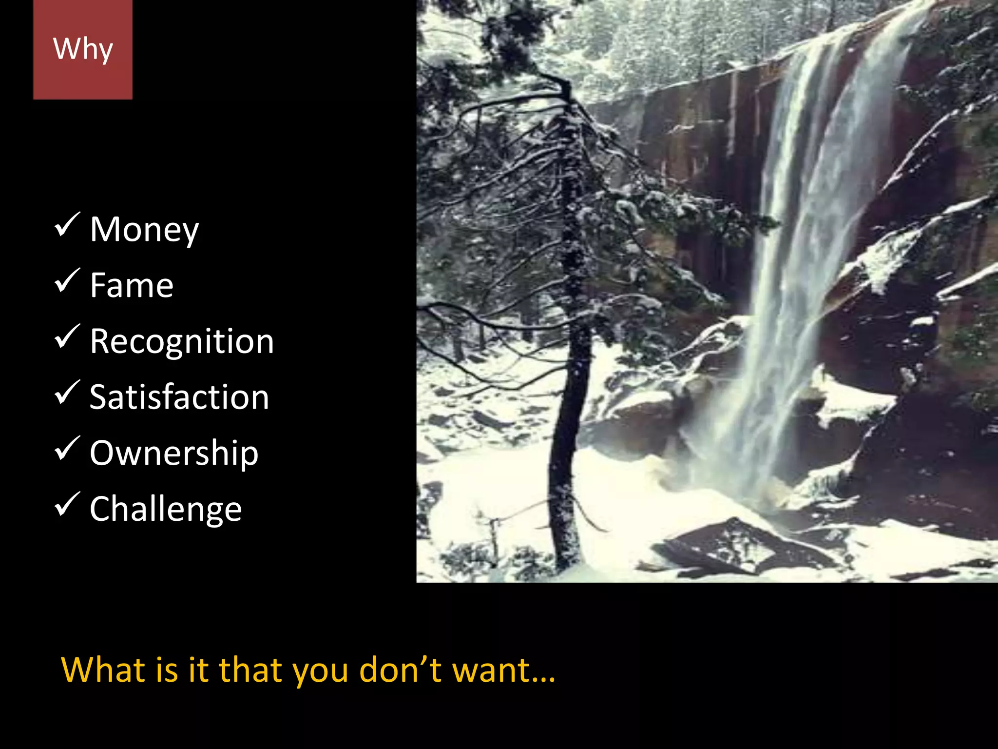  Money
 Fame
 Recognition
 Satisfaction
 Ownership
 Challenge
Why
What is it that you don’t want…
 