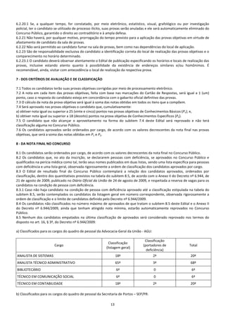 13
6.2.20.1 Se, a qualquer tempo, for constatado, por meio eletrônico, estatístico, visual, grafológico ou por investigação
policial, ter o candidato se utilizado de processo ilícito, suas provas serão anuladas e ele será automaticamente eliminado do
Concurso Público, garantido o direito ao contraditório e à ampla defesa.
6.2.21 Não haverá, por qualquer motivo, prorrogação do tempo previsto para a aplicação das provas objetivas em virtude de
afastamento de candidato da sala de provas.
6.2.22 Não será permitido ao candidato fumar na sala de provas, bem como nas dependências do local de aplicação.
6.2.23 São de responsabilidade exclusiva do candidato a identificação correta do local de realização das provas objetivas e o
comparecimento no horário determinado.
6.2.23.1 O candidato deverá observar atentamente o Edital de publicação especificando os horários e locais de realização das
provas, inclusive estando atento quanto à possibilidade da existência de endereços similares e/ou homônimos. É
recomendável, ainda, visitar com antecedência o local de realização da respectiva prova.
7 - DOS CRITÉRIOS DE AVALIAÇÃO E DE CLASSIFICAÇÃO
7.1 Todos os candidatos terão suas provas objetivas corrigidas por meio de processamento eletrônico.
7.2 A nota em cada item das provas objetivas, feita com base nas marcações do Cartão de Respostas, será igual a 1 (um)
ponto, caso a resposta do candidato esteja em concordância com o gabarito oficial definitivo das provas.
7.3 O cálculo da nota da prova objetiva será igual à soma das notas obtidas em todos os itens que a compõem.
7.4 Será aprovado nas provas objetivas o candidato que, cumulativamente:
a) obtiver nota igual ou superior a 25 (vinte e cinco) pontos nas provas objetivas de Conhecimentos Básicos (P1); e,
b) obtiver nota igual ou superior a 18 (dezoito) pontos na prova objetiva de Conhecimentos Específicos (P2).
7.5 O candidato que não alcançar o aproveitamento na forma do subitem 7.4 deste Edital será reprovado e não terá
classificação alguma no Concurso Público.
7.6 Os candidatos aprovados serão ordenados por cargo, de acordo com os valores decrescentes da nota final nas provas
objetivas, que será a soma das notas obtidas em P1 e P2.
8 - DA NOTA FINAL NO CONCURSO
8.1 Os candidatos serão ordenados por cargo, de acordo com os valores decrescentes da nota final no Concurso Público.
8.2 Os candidatos que, no ato da inscrição, se declararem pessoas com deficiência, se aprovados no Concurso Público e
qualificados na perícia médica como tal, terão seus nomes publicados em duas listas, sendo uma lista específica para pessoas
com deficiência e uma lista geral, observada rigorosamente a ordem de classificação dos candidatos aprovados por cargo.
8.3 O Edital de resultado final do Concurso Público contemplará a relação dos candidatos aprovados, ordenados por
classificação, dentro dos quantitativos previstos na tabela do subitem 8.5, de acordo com o Anexo II do Decreto nº 6.944, de
21 de agosto de 2009, publicado no Diário Oficial da União de 24 de agosto de 2009, e respeitada a reserva de vagas para os
candidatos na condição de pessoa com deficiência.
8.3.1 Caso não haja candidato na condição de pessoa com deficiência aprovado até a classificação estipulada na tabela do
subitem 8.5, serão contemplados os candidatos da listagem geral em número correspondente, observada rigorosamente a
ordem de classificação e o limite de candidatos definido pelo Decreto nº 6.944/2009.
8.4 Os candidatos não classificados no número máximo de aprovados de que tratam o subitem 8.5 deste Edital e o Anexo II
do Decreto nº 6.944/2009, ainda que tenham atingido nota mínima, estarão automaticamente reprovados no Concurso
Público.
8.5 Nenhum dos candidatos empatados na última classificação de aprovados será considerado reprovado nos termos do
disposto no art. 16, § 3º, do Decreto nº 6.944/2009:
a) Classificados para os cargos do quadro de pessoal da Advocacia-Geral da União - AGU:
Cargo
Classificação
(listagem geral)
Classificação
(portadores de
deficiência)
Total
ANALISTA DE SISTEMAS 18ª 2ª 20ª
ANALISTA TÉCNICO ADMINISTRATIVO 65ª 3ª 68ª
BIBLIOTECÁRIO 6ª 0 6ª
TÉCNICO EM COMUNICAÇÃO SOCIAL 6ª 0 6ª
TÉCNICO EM CONTABILIDADE 18ª 2ª 20ª
b) Classificados para os cargos do quadro de pessoal da Secretaria de Portos – SEP/PR:
 