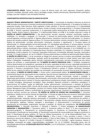 21
CONHECIMENTOS GERAIS: Tópicos relevantes e atuais de diversas áreas, tais como segurança, transportes, política,
economia, sociedade, educação, saúde, cultura, tecnologia, energia, relações internacionais, desenvolvimento sustentável e
ecologia, suas inter-relações e suas vinculações históricas.
CONHECIMENTOS ESPECÍFICOS PARA OS CARGOS DA SEP/PR
ANALISTA TÉCNICO ADMINISTRATIVO: I DIREITO CONSTITUCIONAL: 1. Constituição da República Federativa do Brasil de
1988, Emendas Constitucionais e Emendas Constitucionais de Revisão: princípios fundamentais. 2. Os poderes do Estado e as
respectivas funções: Poder Executivo, Poder Legislativo e Poder Judiciário. 3. Normas constitucionais. 3.1. A aplicabilidade
das normas constitucionais: normas de eficácia plena, contida e limitada; normas programáticas. 4. Princípios fundamentais
da CF/88. 5. Direitos e garantias fundamentais. 6. A organização político-administrativa do Estado: das competências da
União, Estados, Distrito Federal e Municípios. 7. A Administração Pública na CF/88. 8. As funções essenciais à Justiça. II
NOÇÕES DE DIREITO ADMINISTRATIVO: 1. Ato administrativo: conceito, requisitos, atributos, classificação, espécies e
invalidação. 1.1. Anulação e revogação. 1.2. Prescrição. 2. Controle da administração pública: controle administrativo,
controle legislativo e controle judiciário. 3. Agentes administrativos: investidura e exercício da função pública. 3.1. Direitos e
deveres dos servidores públicos. Regimes jurídicos. 3.2. Processo administrativo: conceito, princípios, fases e modalidades. 4.
Poderes da administração: vinculado, discricionário, hierárquico, disciplinar e regulamentar. 5. Princípios básicos da
administração. 5.1. Responsabilidade civil da administração. 5.2. Improbidade administrativa. 6. Serviços públicos: conceito,
classificação, regulamentação, formas e competência de prestação. 7. Organização administrativa: noções gerais. 7.1.
Administração direta e indireta, centralizada e descentralizada. 8. Lei nº 8.112/90 e alterações. 9. Lei nº 8.666/93, arts. 1º a
6º, 20 a 26 e 54 a 80, e alterações. 9.1. Disposições Gerais: Princípios e Definições. 9.2. Licitações e Contratos. 9.3. Licitação:
modalidades, limites e dispensa. 9.4. Contratos: Disposições Preliminares, Formalização, Alteração, Execução, Inexecução e
Rescisão. 9.5. Pregão Eletrônico. 10. Lei nº 9.784/99: o Processo Administrativo no âmbito da Administração Pública Federal.
III NOÇÕES DE DIREITO CIVIL: 1. Lei de Introdução ao Código Civil: pessoas naturais e jurídicas, personalidade, capacidade,
direitos de personalidade. 2. Propriedade: aquisição; perda da propriedade móvel ou imóvel; direitos reais sobre coisas
alheias. 3 Obrigações: modalidades; efeitos; extinção; inadimplemento; transmissão; contratos; obrigações por atos ilícitos;
espécies de contratos; e, responsabilidade civil. IV NOÇÕES DE DIREITO PROCESSUAL CIVIL: 1. Jurisdição; competência;
critérios determinativos da competência; capacidade de ser parte; capacidade de estar em juízo; capacidade postulatória do
litisconsorte da assistência, da intervenção de terceiros, da nomeação à autoria, da denunciação à lide, do chamamento ao
processo. 2. Processo e procedimento. Prazos. 3. Procedimento ordinário e sumário. 4. Citação; notificação; intimações;
defesa do réu; espécies de defesa; das exceções; da contestação; da reconvenção; da prova; ônus da prova; dos recursos e
suas espécies. V NOÇÕES DE DIREITO PENAL: 1. Crimes contra a administração pública. VI ADMINISTRAÇÃO PÚBLICA: 1.
Características básicas das organizações formais modernas: tipos de estrutura organizacional, natureza, finalidades e critérios
de departamentalização. 2. Processo organizacional: planejamento, direção, comunicação, controle e avaliação. 3.
Organização administrativa: centralização, descentralização, concentração e desconcentração; organização administrativa da
União; administração direta e indireta; 4. Processo organizacional: planejamento, direção, comunicação, controle e avaliação.
5. Gestão Estratégica: planejamento estratégico; mapa estratégico; Balanced scorecard e indicadores estratégicos. 6.
Gerenciamento de Projetos: noções de elaboração, análise, gerenciamento, monitoramento e avaliação de projetos;
estrutura analítica de projetos (EAP); ciclo de vida do projeto, áreas de gerenciamento de projetos segundo o PMBOK Guide
(Project Management Body of Knowledge), escritório de Projetos (Project Management Office). 7. Gestão de Processos:
técnicas de mapeamento, análise e racionalização de processos organizacionais; arquitetura e modelagem organizacional;
estrutura matricial, estrutura por processos. VII NOÇÕES DE GESTÃO DE PESSOAS NAS ORGANIZAÇÕES: 1. Conceitos,
importância, relação com os outros sistemas de organização. 2. A função do órgão de Recursos Humanos: atribuições básicas
e objetivos, políticas e sistemas de informações gerenciais. 3. Comportamento organizacional: relações
indivíduo/organização, motivação, liderança, desempenho. 4. Competência interpessoal. 5. Gerenciamento de conflitos. 6.
Gestão de pessoas do quadro próprio e terceirizadas. 7. Recrutamento e Seleção: técnicas e processo decisório. 8. Avaliação
de Desempenho: objetivos, métodos, vantagens e desvantagens. 9. Desenvolvimento e treinamento de pessoal:
levantamento de necessidades, programação, execução e avaliação. 10. Gestão por competências. VIII APRENDIZAGEM
ORGANIZACIONAL: 1. Educação corporativa. 2. Educação à distância. 3. Projeto pedagógico. IX ADMINISTRAÇÃO
FINANCEIRA E ORÇAMENTÁRIA: 1. Orçamento público. 2. Orçamento público no Brasil. 3. O ciclo orçamentário. 4.
Orçamento-programa. 5. Planejamento no orçamento-programa. 6. Orçamento na Constituição da República. 7.
Conceituação e classificação de receita pública. 8. Classificação orçamentária de receita pública por categoria econômica no
Brasil. 9. Classificação de gastos públicos. 10. Tipos de créditos orçamentários. 11. Lei de Responsabilidade Fiscal – Lei
Complementar nº 101/2000. X ÉTICA E CONDUTA PÚBLICA: 1. Ética e moral. 2. Ética, princípios e valores. 3. Ética e
democracia: exercício da cidadania. 4. Ética e função pública. 5. Ética no Setor Público. 5.1. Código de Ética Profissional do
Serviço Público – Decreto nº 1.171/99 e Decreto nº 6.029/2007; 5.2. Lei nº 8.112/90 – regime disciplinar: deveres e
proibições; acumulação de cargos; responsabilidades; penalidades. 5.3. Lei nº 8.429/92: disposições gerais; atos de
improbidade administrativa. XI LEGISLAÇÃO RELATIVA À SEP/PR: 1. Lei nº 12.815/2013. 2. Decreto nº 8.088/2013. 3. Decreto
nº 8.033/2013.
 