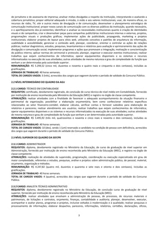 3
de jornalismo e de assessoria de imprensa; analisar mídias divulgadas a respeito da Instituição, interpretando e avaliando a
cobertura jornalística; propor editorial adequado à missão, à visão e aos valores institucionais; usar, de maneira eficaz, os
recursos de rádio, TV, site e outros meios de divulgação e de comunicação; desenvolver o planejamento estratégico de
comunicação institucional; propor novos canais de comunicação com os diversos públicos da instituição, quando necessário,
e o aperfeiçoamento dos já existentes; identificar e analisar as necessidades institucionais quanto à criação de identidades
visuais e de campanhas; criar e desenvolver peças para campanhas publicitárias institucionais internas e externas, projetos,
programações visuais e produções gráficas; implementar ações de publicidade, propaganda, marketing e projetos
institucionais; elaborar projetos de layout para sítios web, utilizando conceitos e padrões de arquitetura da informação,
usabilidade e acessibilidade; gerenciar o conteúdo web; planejar, coordenar, orientar e controlar as ações de relações
públicas; realizar diagnósticos, estudos, pesquisas, levantamentos e relatórios para avaliação e aprimoramento das ações de
divulgação e comunicação social; implementar programas e ações que promovam a integração, motivação e conscientização
do público interno; aplicar normas de cerimonial e protocolo; planejar, organizar e executar eventos institucionais; realizar
trabalhos que exijam conhecimentos de informática; operar equipamentos disponíveis e os sistemas e recursos
informatizados na execução de suas atividades; outras atividades de mesma natureza e grau de complexidade da função que
venham a ser determinadas pela autoridade superior.
REMUNERAÇÃO: R$ 5.294,52 (cinco mil, duzentos e noventa e quatro reais e cinquenta e dois centavos), incluídas as
gratificações.
JORNADA DE TRABALHO: 40 horas semanais.
TOTAL DE CARGOS VAGOS: 3 (três), acrescidos dos cargos que vagarem durante o período de validade do Concurso Público.
2.2 NÍVEL INTERMEDIÁRIO DO QUADRO DA AGU
2.2.1 CARGO: TÉCNICO EM CONTABILIDADE
REQUISITOS: certificado, devidamente registrado, de conclusão de curso técnico de nível médio em Contabilidade, fornecido
por instituição de ensino reconhecida pelo Ministério da Educação (MEC) e registro no órgão de classe competente.
ATRIBUIÇÕES: realizar atividades com a finalidade de favorecer o adequado acompanhamento da situação financeira e
patrimonial da organização; possibilitar a elaboração orçamentária, bem como confeccionar relatórios específicos
relacionados ao setor financeiro-contábil, elaborar cálculos, verificar contas e fornecer subsídios para elaboração de
relatórios e pareceres; realizar atendimento aos usuários; realizar trabalhos que exijam conhecimentos de informática;
operar equipamentos disponíveis e os sistemas e recursos informatizados na execução de suas atividades; outras atividades
de mesma natureza e grau de complexidade da função que venham a ser determinadas pela autoridade superior.
REMUNERAÇÃO: R$ 3.495,92 (três mil, quatrocentos e noventa e cinco reais e noventa e dois centavos), incluídas as
gratificações.
JORNADA DE TRABALHO: 40 horas semanais.
TOTAL DE CARGOS VAGOS: 10 (dez), sendo 1 (um) reservado a candidato na condição de pessoa com deficiência, acrescidos
dos cargos que vagarem durante o período de validade do Concurso Público.
2.3 NÍVEL SUPERIOR DO QUADRO DA SEP/PR
2.3.1 CARGO: ADMINISTRADOR
REQUISITOS: diploma, devidamente registrado no Ministério da Educação, de curso de graduação de nível superior em
Administração, fornecido por instituição de ensino reconhecida pelo Ministério da Educação (MEC), e registro no órgão de
classe competente.
ATRIBUIÇÕES: realização de atividades de supervisão, programação, coordenação ou execução especializada em grau de
maior complexidade, referentes a estudos, pesquisas, análise e projetos sobre administração pública, de pessoal, material,
orçamento, organização e métodos.
REMUNERAÇÃO: R$ 4.247,82 (quatro mil, duzentos e quarenta e sete reais e oitenta e dois centavos), incluídas as
gratificações.
JORNADA DE TRABALHO: 40 horas semanais.
TOTAL DE CARGOS VAGOS: 4 (quatro), acrescidos dos cargos que vagarem durante o período de validade do Concurso
Público.
2.3.2 CARGO: ANALISTA TÉCNICO ADMINISTRATIVO
REQUISITOS: diploma, devidamente registrado no Ministério da Educação, de conclusão curso de graduação de nível
superior, fornecido por instituição de ensino reconhecida pelo Ministério da Educação (MEC).
ATRIBUIÇÕES: realizar atividades que envolvam a administração de pessoas, de processos, de recursos materiais e
patrimoniais, de licitações e contratos, orçamento, finanças, contabilidade e auditoria; planejar, desenvolver, executar,
acompanhar e avaliar planos, programas e projetos, inclusive voltados à modernização e à qualidade; realizar pesquisas e
processamento de informações; elaborar despachos, pareceres, informações, relatórios, certidões, declarações, ofícios,
 