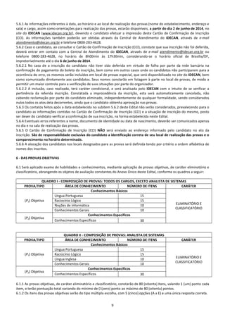 9
5.6.1 As informações referentes à data, ao horário e ao local de realização das provas (nome do estabelecimento, endereço e
sala) e cargo, assim como orientações para realização das provas, estarão disponíveis, a partir do dia 2 de junho de 2014, no
site do IDECAN (www.idecan.org.br), devendo o candidato efetuar a impressão deste Cartão de Confirmação de Inscrição
(CCI). As informações também poderão ser obtidas através da Central de Atendimento do IDECAN, através de e-mail
atendimento@idecan.org.br e telefone 0800-283-4628.
5.6.2 Caso o candidato, ao consultar o Cartão de Confirmação de Inscrição (CCI), constate que sua inscrição não foi deferida,
deverá entrar em contato com a Central de Atendimento do IDECAN, através de e-mail atendimento@idecan.org.br ou
telefone 0800-283-4628, no horário de 8h00min às 17h30min, considerando-se o horário oficial de Brasília/DF,
impreterivelmente até o dia 6 de junho de 2014.
5.6.2.1 No caso de a inscrição do candidato não tiver sido deferida em virtude de falha por parte da rede bancária na
confirmação de pagamento do boleto da inscrição, bem como em outros casos onde os candidatos não participarem para a
ocorrência do erro, os mesmos serão incluídos em local de provas especial, que será disponibilizado no site do IDECAN, bem
como comunicado diretamente aos candidatos. Seus nomes constarão em listagem à parte no local de provas, de modo a
permitir um maior controle para a verificação de suas situações por parte do organizador.
5.6.2.2 A inclusão, caso realizada, terá caráter condicional, e será analisada pelo IDECAN com o intuito de se verificar a
pertinência da referida inscrição. Constatada a improcedência da inscrição, esta será automaticamente cancelada, não
cabendo reclamação por parte do candidato eliminado, independentemente de qualquer formalidade, sendo considerados
nulos todos os atos dela decorrentes, ainda que o candidato obtenha aprovação nas provas.
5.6.3 Os contatos feitos após a data estabelecida no subitem 5.6.2 deste Edital não serão considerados, prevalecendo para o
candidato as informações contidas no Cartão de Confirmação de Inscrição (CCI) e a situação de inscrição do mesmo, posto
ser dever do candidato verificar a confirmação de sua inscrição, na forma estabelecida neste Edital.
5.6.4 Eventuais erros referentes a nome, documento de identidade ou data de nascimento, deverão ser comunicados apenas
no dia e na sala de realização das provas.
5.6.5 O Cartão de Confirmação de Inscrição (CCI) NÃO será enviado ao endereço informado pelo candidato no ato da
inscrição. São de responsabilidade exclusiva do candidato a identificação correta de seu local de realização das provas e o
comparecimento no horário determinado.
5.6.6 A alocação dos candidatos nos locais designados para as provas será definida tendo por critério a ordem alfabética de
nomes dos inscritos.
6 - DAS PROVAS OBJETIVAS
6.1 Será aplicado exame de habilidades e conhecimentos, mediante aplicação de provas objetivas, de caráter eliminatório e
classificatório, abrangendo os objetos de avaliação constantes do Anexo Único deste Edital, conforme os quadros a seguir:
QUADRO I - COMPOSIÇÃO DE PROVAS: TODOS OS CARGOS, EXCETO ANALISTA DE SISTEMAS
PROVA/TIPO ÁREA DE CONHECIMENTO NÚMERO DE ITENS CARÁTER
(P1) Objetiva
Conhecimentos Básicos
ELIMINATÓRIO E
CLASSIFICATÓRIO
Língua Portuguesa 15
Raciocínio Lógico 15
Noções de Informática 10
Conhecimentos Gerais 10
(P2) Objetiva
Conhecimentos Específicos
Conhecimentos Específicos 30
QUADRO II - COMPOSIÇÃO DE PROVAS: ANALISTA DE SISTEMAS
PROVA/TIPO ÁREA DE CONHECIMENTO NÚMERO DE ITENS CARÁTER
(P1) Objetiva
Conhecimentos Básicos
ELIMINATÓRIO E
CLASSIFICATÓRIO
Língua Portuguesa 15
Raciocínio Lógico 15
Língua Inglesa 10
Conhecimentos Gerais 10
(P2) Objetiva
Conhecimentos Específicos
Conhecimentos Específicos 30
6.1.1 As provas objetivas, de caráter eliminatório e classificatório, constarão de 80 (oitenta) itens, valendo 1 (um) ponto cada
item, e terão pontuação total variando do mínimo de 0 (zero) ponto ao máximo de 80 (oitenta) pontos.
6.1.2 Os itens das provas objetivas serão do tipo múltipla escolha, com 5 (cinco) opções (A a E) e uma única resposta correta.
 