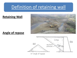 Definition of retaining wall
Retaining Wall
Angle of repose
 