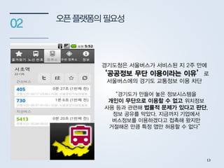 오픈플랫폼의필요성
02
경기도청은 서울버스가 서비스된 지 2주 만에
‘공공정보 무단 이용이라는 이유’로
서울버스에의 경기도 교통정보 이용 차단
“경기도가 만들어 놓은 정보시스템을
개인이 무단으로 이용할 수 없고 위치정보
사용 등과 관련해 법률적 문제가 있다고 판단,
정보 공유를 막았다. 지금까지 기업에서
버스정보를 이용하겠다고 접촉해 왔지만
거절해온 만큼 특정 앱만 허용할 수 없다”
13
 