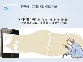 공공성:디지털디바이드심화
03
 디지털 디바이드, 즉 고가의 디지털 장비를
가진 층과 그렇지 못한 층 간의 간극 가속화
19
 