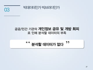 빅데이터인가빅브라더인가
03
공공/민간 기관의 개인정보 공유 및 개방 회피
로 인해 분석할 데이터의 부족
분석할 데이터가 없다
27
 