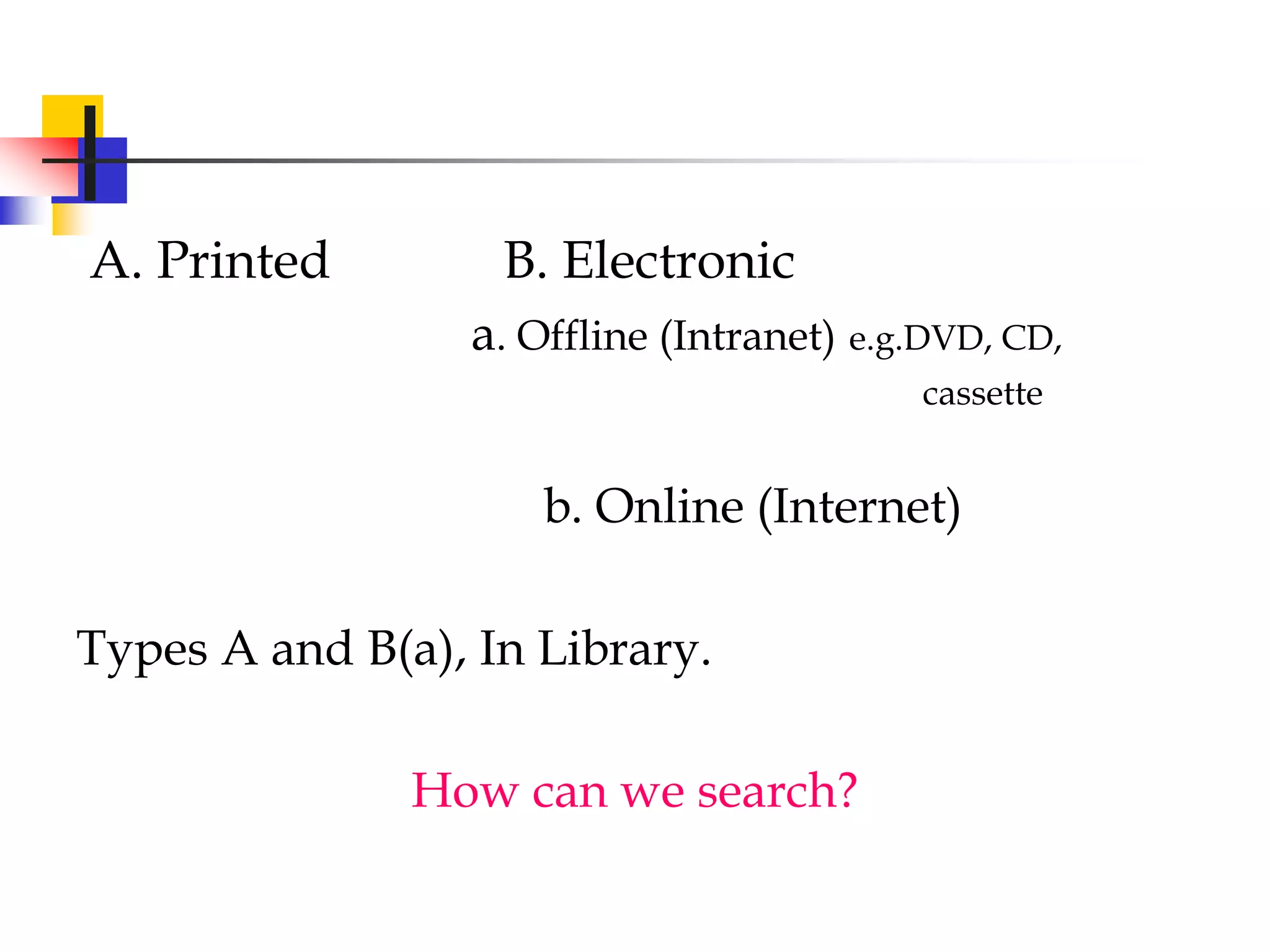 A. Printed B. Electronic
a. Offline (Intranet) e.g.DVD, CD,
cassette
b. Online (Internet)
Types A and B(a), In Library.
How can we search?
 