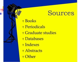  Books
 Periodicals
 Graduate studies
 Databases
 Indexes
 Abstracts
 Other
Sources
 