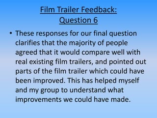 Film Trailer Feedback:
Question 6
• These responses for our final question
clarifies that the majority of people
agreed that it would compare well with
real existing film trailers, and pointed out
parts of the film trailer which could have
been improved. This has helped myself
and my group to understand what
improvements we could have made.
 