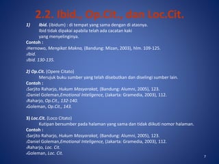 7
2.2. Ibid., Op.Cit., dan Loc.Cit.
1) Ibid. (ibidum) : di tempat yang sama dengan di atasnya.
Ibid tidak dipakai apabila telah ada cacatan kaki
yang menyelinginya.
Contoh :
1Hernowo, Mengikat Makna, (Bandung: Mizan, 2003), hlm. 109-125.
2Ibid.
3Ibid. 130-135.
2) Op.Cit. (Opere Citato)
Merujuk buku sumber yang telah disebutkan dan diselingi sumber lain.
Contoh :
1Sarjito Raharjo, Hukum Masyarakat, (Bandung: Alumni, 2005), 123.
2Daniel Goleman,Emotional Inteligence, (Jakarta: Gramedia, 2003), 112.
3Raharjo, Op.Cit., 132-140.
4Goleman, Op.Cit., 143.
3) Loc.Cit. (Loco Citato)
Kutipan bersumber pada halaman yang sama dan tidak diikuti nomor halaman.
Contoh :
1Sarjito Raharjo, Hukum Masyarakat, (Bandung: Alumni, 2005), 123.
2Daniel Goleman,Emotional Inteligence, (Jakarta: Gramedia, 2003), 112.
3Raharjo, Loc. Cit.
4Goleman, Loc. Cit.
7
 