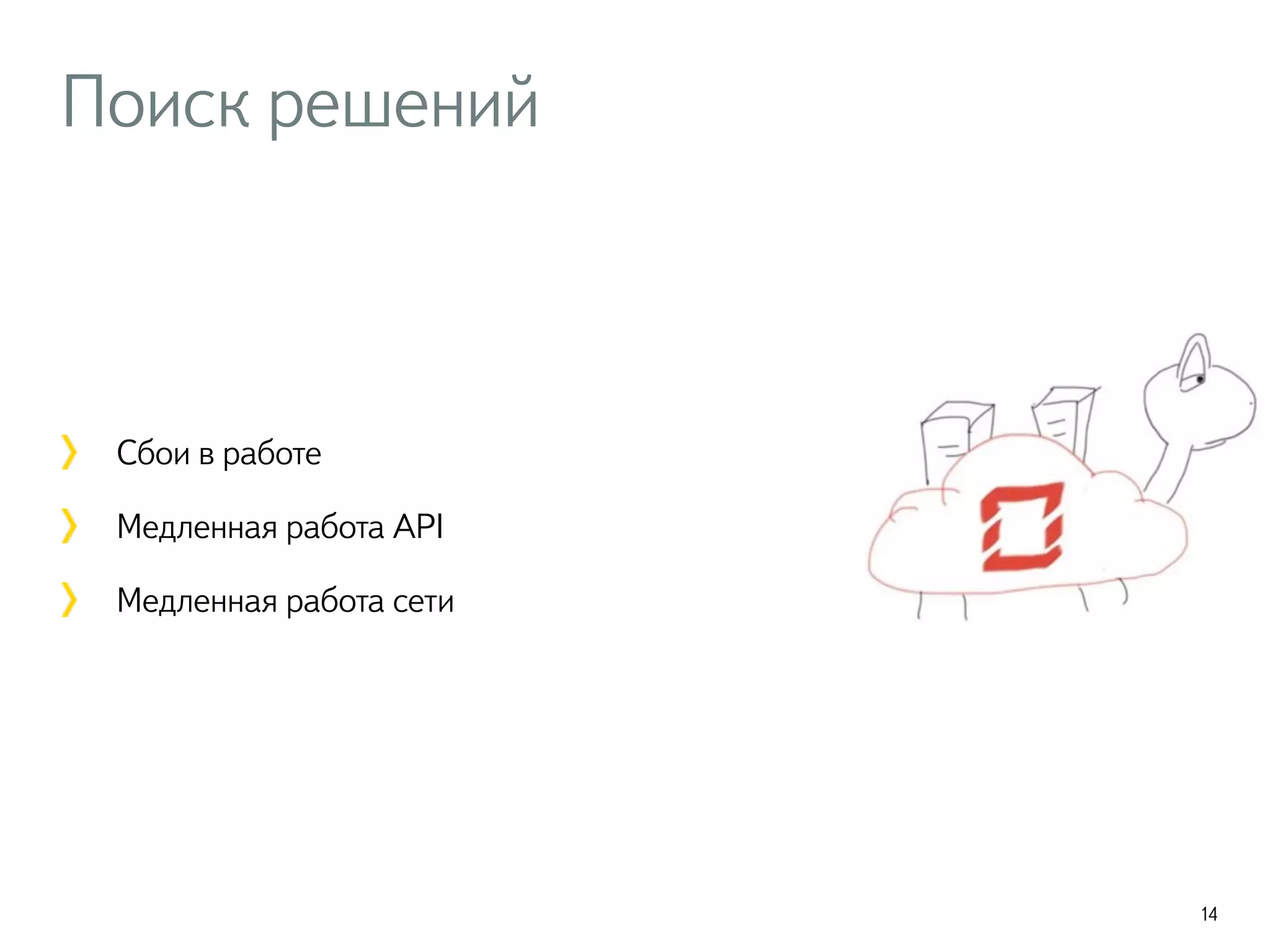 Поиск решений
Сбои в работе
Медленная работа API
Медленная работа сети
14
 