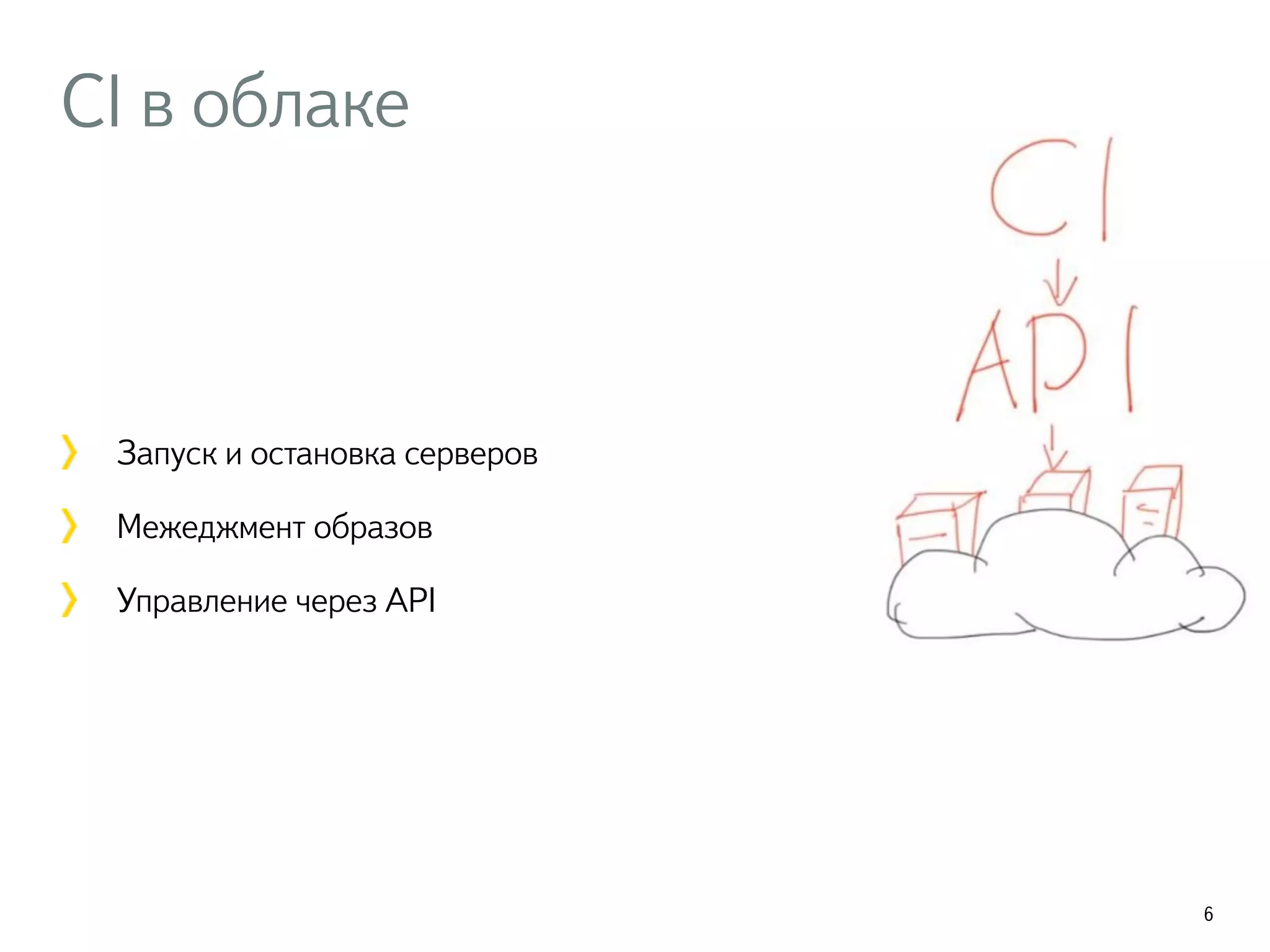 CI в облаке
Запуск и остановка серверов
Межеджмент образов
Управление через API
6
 