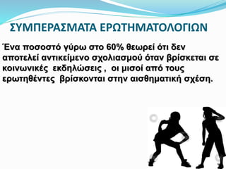 ΣΥΜΠΕΡΑΣΜΑΤΑ ΕΡΩΤΗΜΑΤΟΛΟΓΙΩΝ
Ένα ποσοστό γύρω στο 60% θεωρεί ότι δεν
αποτελεί αντικείμενο σχολιασμού όταν βρίσκεται σε
κοινωνικές εκδηλώσεις , οι μισοί από τους
ερωτηθέντες βρίσκονται στην αισθηματική σχέση.
 