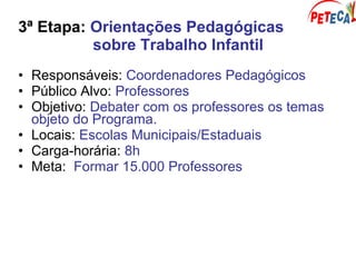 3ª Etapa: Orientações Pedagógicas
sobre Trabalho Infantil
• Responsáveis: Coordenadores Pedagógicos
• Público Alvo: Professores
• Objetivo: Debater com os professores os temas
objeto do Programa.
• Locais: Escolas Municipais/Estaduais
• Carga-horária: 8h
• Meta: Formar 15.000 Professores
 