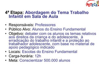 4ª Etapa: Abordagem do Tema Trabalho
Infantil em Sala de Aula
• Responsáveis: Professores
• Público Alvo: Alunos do Ensino Fundamental
• Objetivo: debater com os alunos os temas relativos
aos direitos da criança e do adolescente, à
erradicação do trabalho infantil e a proteção ao
trabalhador adolescente, com base no material de
apoio pedagógico indicado
• Locais: Escolas do Ensino Fundamental
• Carga-horária: 12h
• Meta: Conscientizar 500.000 alunos
 