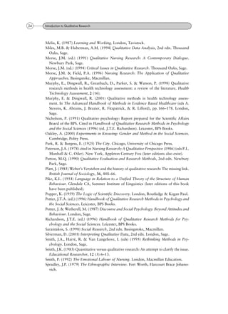 Melia, K. (1987) Learning and Working. London, Tavistock.
Miles, M.B. & Huberman, A.M. (1994) Qualitative Data Analysis, 2nd edn. Thousand
Oaks, Sage.
Morse, J.M. (ed.) (1991) Qualitative Nursing Research: A Contemporary Dialogue.
Newbury Park, Sage.
Morse, J.M. (ed.) (1994) Critical Issues in Qualitative Research. Thousand Oaks, Sage.
Morse, J.M. & Field, P.A. (1996) Nursing Research: The Application of Qualitative
Approaches. Basingstoke, Macmillan.
Murphy, E., Dingwall, R., Greatbach, D., Parker, S. & Watson, P. (1998) Qualitative
research methods in health technology assessment: a review of the literature. Health
Technology Assessment, 2 (16).
Murphy, E. & Dingwall, R. (2001) Qualitative methods in health technology assess-
ment. In The Advanced Handbook of Methods in Evidence Based Healthcare (eds A.
Stevens, K. Abrams, J. Brazier, R. Fitzpatrick, & R. Lilford), pp. 166±178. London,
Sage.
Nicholson, P. (1991) Qualitative psychology: Report prepared for the Scientific Affairs
Board of the BPS. Cited in Handbook of Qualitative Research Methods in Psychology
and the Social Sciences (1996) (ed. J.T.E. Richardson). Leicester, BPS Books.
Oakley, A. (2000) Experiments in Knowing: Gender and Method in the Social Sciences.
Cambridge, Polity Press.
Park, R. & Burgess, E. (1925) The City. Chicago, University of Chicago Press.
Paterson, J.A. (1978) cited in Nursing Research; A Qualitative Perspective (1986) (eds P.L.
Munhall & C. Oiler). New York, Appleton Century Fox (later editions also exist).
Patton, M.Q. (1990) Qualitative Evaluation and Research Methods, 2nd edn. Newbury
Park, Sage.
Platt, J. (1985) Weber's Verstehen and the history of qualitative research: The missing link.
British Journal of Sociology, 36, 448±66.
Pike, K.L. (1954) Language in Relation to a Unified Theory of the Structure of Human
Behaviour. Glendale CA, Summer Institute of Linguistics (later editions of this book
have been published).
Popper, K. (1959) The Logic of Scientific Discovery. London, Routledge & Kegan Paul.
Potter, J.T.A. (ed.) (1996) Handbook of Qualitative Research Methods in Psychology and
the Social Sciences. Leicester, BPS Books.
Potter, J. & Wetherell, M. (1987) Discourse and Social Psychology: Beyond Attitudes and
Behaviour. London, Sage.
Richardson, J.T.E. (ed.) (1996) Handbook of Qualitative Research Methods for Psy-
chology and the Social Sciences. Leicester, BPS Books.
Sarantakos, S. (1998) Social Research, 2nd edn. Basingstoke, Macmillan.
Silverman, D. (2001) Interpreting Qualitative Data, 2nd edn. London, Sage.
Smith, J.A., HarreÂ, R. & Van Langehove, I. (eds) (1995) Rethinking Methods in Psy-
chology. London, Sage.
Smith, J.K. (1983) Quantitative versus qualitative research: An attempt to clarify the issue.
Educational Researcher, 12 (3) 6±13.
Smith, P. (1992) The Emotional Labour of Nursing. London, Macmillan Education.
Spradley, J.P. (1979) The Ethnographic Interview. Fort Worth, Harcourt Brace Johano-
vich.
24 Introduction to Qualitative Research
 