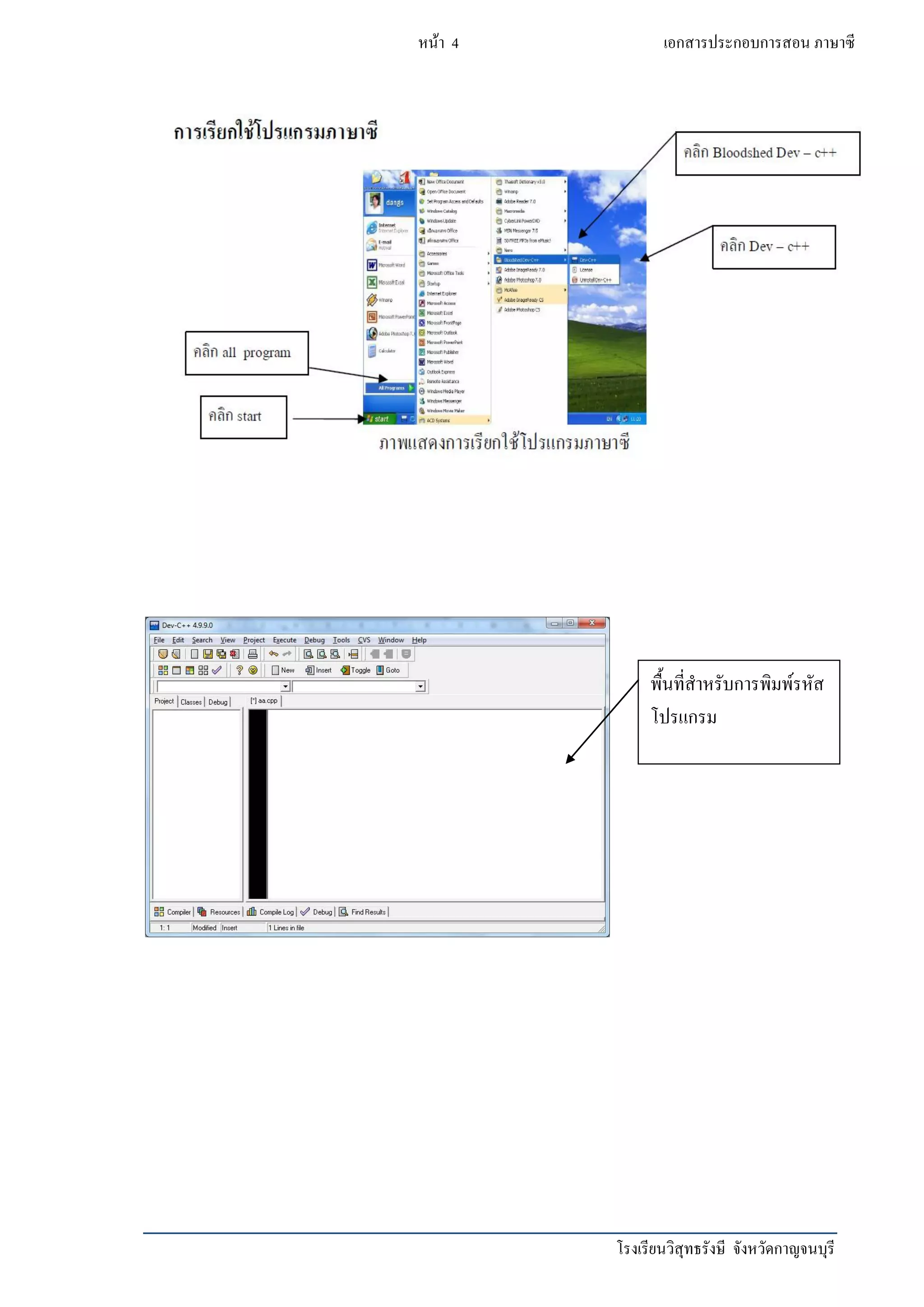 โรงเรียนวิสุทธรังษี จังหวัดกาญจนบุรี
หน้า 4 เอกสารประกอบการสอน ภาษาซี
พื้นที่สาหรับการพิมพ์รหัส
โปรแกรม
 