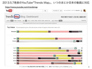 2
2013.5.7発表のYouTube｢Trends Map｣、いつのまにか日本の動画に対応
https://www.youtube.com/trendsmap
イーンスパイア(株) 横田秀珠の著作権を尊重しつつ、是非ノウハウはシェアして行きましょう。
 