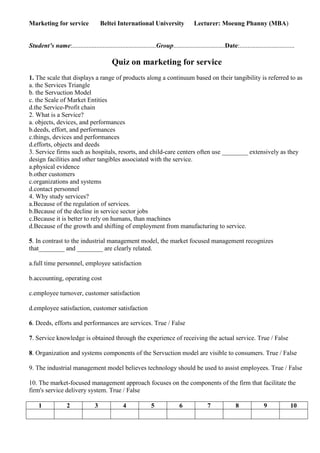 Marketing for service Beltei International University Lecturer: Moeung Phanny (MBA)
Student’s name:....................................................Group................................Date:..................................
Quiz on marketing for service
1. The scale that displays a range of products along a continuum based on their tangibility is referred to as
a. the Services Triangle
b. the Servuction Model
c. the Scale of Market Entities
d.the Service-Profit chain
2. What is a Service?
a. objects, devices, and performances
b.deeds, effort, and performances
c.things, devices and performances
d.efforts, objects and deeds
3. Service firms such as hospitals, resorts, and child-care centers often use ________ extensively as they
design facilities and other tangibles associated with the service.
a.physical evidence
b.other customers
c.organizations and systems
d.contact personnel
4. Why study services?
a.Because of the regulation of services.
b.Because of the decline in service sector jobs
c.Because it is better to rely on humans, than machines
d.Because of the growth and shifting of employment from manufacturing to service.
5. In contrast to the industrial management model, the market focused management recognizes
that________ and ________ are clearly related.
a.full time personnel, employee satisfaction
b.accounting, operating cost
c.employee turnover, customer satisfaction
d.employee satisfaction, customer satisfaction
6. Deeds, efforts and performances are services. True / False
7. Service knowledge is obtained through the experience of receiving the actual service. True / False
8. Organization and systems components of the Servuction model are visible to consumers. True / False
9. The industrial management model believes technology should be used to assist employees. True / False
10. The market-focused management approach focuses on the components of the firm that facilitate the
firm's service delivery system. True / False
1 2 3 4 5 6 7 8 9 10
 