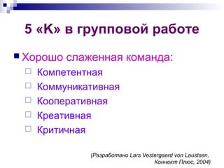 5 «K» в групповой работе
 Хорошо слаженная команда:
 Компетентная
 Коммуникативная
 Кооперативная
 Креативная
 Критичная
(Разработано Lars Vestergaard von Laustsen,
Коннект Плюс, 2004)
 