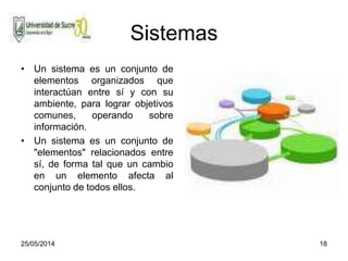 25/05/2014 18
Sistemas
• Un sistema es un conjunto de
elementos organizados que
interactúan entre sí y con su
ambiente, para lograr objetivos
comunes, operando sobre
información.
• Un sistema es un conjunto de
"elementos" relacionados entre
sí, de forma tal que un cambio
en un elemento afecta al
conjunto de todos ellos.
 