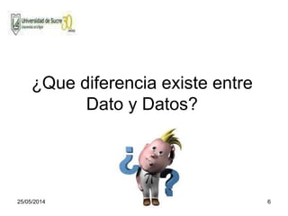 25/05/2014 6
¿Que diferencia existe entre
Dato y Datos?
 