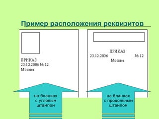 Пример расположения реквизитов
на бланках
с угловым
штампом
на бланках
с продольным
штампом
 