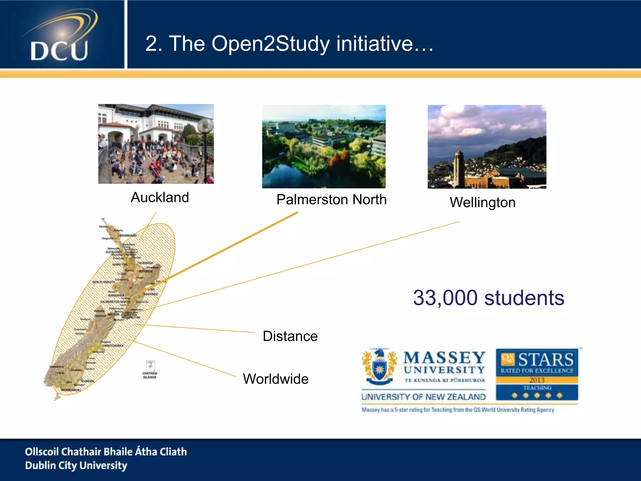 Palmerston NorthAuckland Wellington
Distance
Worldwide
2. The Open2Study initiative…
33,000 students
 