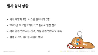 입사 당시 상황
• 서버 개발자 1명, 시스템 엔지니어 0명
• 2013년 초 오븐브레이크 2 출시로 일정 성과
• 서버 관련 인프라는 전무, 개발 관련 인프라도 부족
• 결정적으로, 물어볼 사람이 없다
20
 