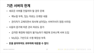 기존 서버의 한계
• 새로운 서버를 만들어야 할 경우 문제
• 매뉴얼 부족, 있는 자료는 오래된 내용
• 관리자가 교체되면서 회사에 남아있는 서버지식이 점점 사라짐
• 사용자 증가에 따른 관리 피로도 증가
• 급격한 확장에 대응이 불가능하기 때문에 오버스팩 서버 도입
• MySQL 기반으로 수평 확장성 부족
• 돈을 쏟아부어도 과부하에 대응할 수 없다
22
 