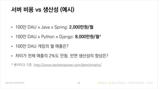 서버 비용 vs 생산성 (예시)
• 100만 DAU x Java x Spring: 2,000만원/월
• 100만 DAU x Python x Django: 8,000만원/월*
• 100만 DAU 게임의 월 매출은?
• 차이가 전체 매출의 2%도 안됨. 반면 생산성의 향상은?
* 벤치마크 기준: http://www.techempower.com/benchmarks/
32
 