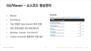 Git/Maven - 소스코드 형상관리
• Maven
• Git/Github
• 기능 개발은 topic branch 에서 진행
• 모든 변경사항은 코드리뷰/테스트
• develop, master, line branch
• master branch로 통합되어 최종 빌드
9
 