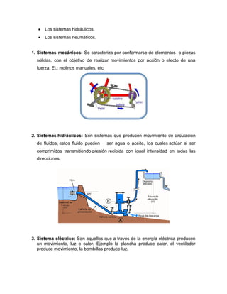  Los sistemas hidráulicos.
 Los sistemas neumáticos.
1. Sistemas mecánicos: Se caracteriza por conformarse de elementos o piezas
sólidas, con el objetivo de realizar movimientos por acción o efecto de una
fuerza. Ej.: molinos manuales, etc
2. Sistemas hidráulicos: Son sistemas que producen movimiento de circulación
de fluidos, estos fluido pueden ser agua o aceite, los cuales actúan al ser
comprimidos transmitiendo presión recibida con igual intensidad en todas las
direcciones.
3. Sistema eléctrico: Son aquellos que a través de la energía eléctrica producen
un movimiento, luz o calor. Ejemplo la plancha produce calor, el ventilador
produce movimiento, la bombillas produce luz.
 