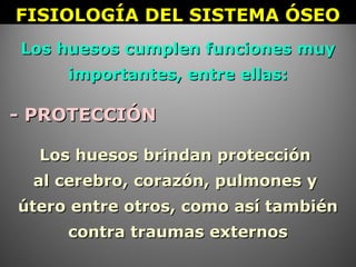 Los huesos cumplen funciones muyLos huesos cumplen funciones muy
importantes, entre ellas:importantes, entre ellas:
Los huesos brindan protecciónLos huesos brindan protección
al cerebro, corazón, pulmones yal cerebro, corazón, pulmones y
útero entre otros, como así tambiénútero entre otros, como así también
contra traumas externoscontra traumas externos
- PROTECCIÓN- PROTECCIÓN
FISIOLOGÍA DEL SISTEMA ÓSEOFISIOLOGÍA DEL SISTEMA ÓSEO
 