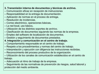 3. Transmisión interna de documentos y técnicas de archivo.
– Comunicación eficaz en recepción de instrucciones
– Responsabilidad en la entrega de documentación.
– Aplicación de normas en el proceso de entrega.
– Resolución de incidencias.
– Correo electrónico, operaciones básicas.
– La red local, uso básico.
– Utilización de los distintos soportes de archivo.
– Clasificación de documentos siguiendo las normas de la empresa.
– Empleo del software de localización de documentos.
– Gestión y seguimiento de documentos prestados.
4. Integración y comunicación en el centro de trabajo.
– Comportamiento responsable en el centro de trabajo.
– Respeto a los procedimientos y normas del centro de trabajo.
– Interpretación y ejecución con diligencia las instrucciones recibidas.
– Reconocimiento del proceso productivo de la organización.
– Utilización de los canales de comunicación establecidos en el centro de
trabajo.
– Adecuación al ritmo de trabajo de la empresa.
– Seguimiento de las normativas de prevención de riesgos, salud laboral y
protección del medio ambiente.
 