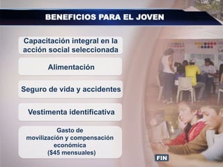 BENEFICIOS PARA EL JOVEN
Capacitación integral en la
acción social seleccionada
Alimentación
Seguro de vida y accidentes
Vestimenta identificativa
Gasto de
movilización y compensación
económica
($45 mensuales)
FIN