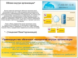 Облако внутри организации*
Внутри отдельной организации облачные технологии могут
использоваться для того, чтобы сотрудники имели возможность
подключаться к информационной базе из разных мест, даже из тех,
где на компьютерах не установлено 1С:Предприятие. Это полезно для
руководителей, перемещающихся между офисами, которым
требуется оперативная информация по своим подразделениям. Это
удобно для менеджеров, потому что они могут получать необходимые
отчеты находясь, практически, в любом месте, в торговой точке или у
поставщика.
Также к облаку, развернутому внутри организации, могут
подключаться потребители, не являющиеся сотрудниками.
Поставщики, клиенты, подрядчики и т.д. для того, чтобы, например,
получать отчёты о продаже своих товаров или их остатках на складе.
* - (1лицензия/1база/1организация)
 