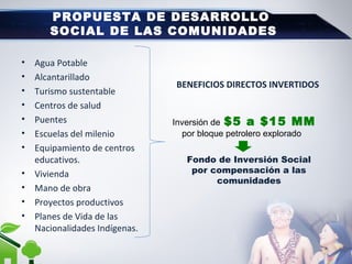 PROPUESTA DE DESARROLLO
SOCIAL DE LAS COMUNIDADES
PROPUESTA DE DESARROLLO
SOCIAL DE LAS COMUNIDADES
• Agua Potable
• Alcantarillado
• Turismo sustentable
• Centros de salud
• Puentes
• Escuelas del milenio
• Equipamiento de centros
educativos.
• Vivienda
• Mano de obra
• Proyectos productivos
• Planes de Vida de las
Nacionalidades Indígenas.
Fondo de Inversión Social
por compensación a las
comunidades
BENEFICIOS DIRECTOS INVERTIDOS
Inversión de $5 a $15 MM
por bloque petrolero explorado
 