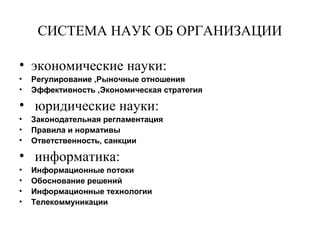 СИСТЕМА НАУК ОБ ОРГАНИЗАЦИИ
• экономические науки:
• Регулирование ,Рыночные отношения
• Эффективность ,Экономическая стратегия
• юридические науки:
• Законодательная регламентация
• Правила и нормативы
• Ответственность, санкции
• информатика:
• Информационные потоки
• Обоснование решений
• Информационные технологии
• Телекоммуникации
 