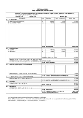 FORMULARIO B-2
ANALISIS DE PRECIOS UNITARIOS
Proyecto: CONSTRUCCION DE TINGLADO UNIDAD EDUCATIVA TOMAS KATARI (TRABAJOS PRELIMINARES)
Actividad: PLACA DE ENTREGA DE OBRAS
Cantidad: 1.00 Unidad: pza Moneda: Bs
Descripción Unid. Cantidad Precio Productivo Costo Total
1.- MATERIALES
1 CEMENTO PORTLAN IP-30 kg 0.6000 1.220 0.7320
2 PLACA DE ENTREGA pza 1.0000 1 000.000 1 000.0000
TOTAL MATERIALES: 1 000.7320
2.- MANO DE OBRA
1 ALBAÑIL hr 1.5000 18.000 27.0000
2 AYUDANTE hr 1.5000 12.500 18.7500
SUBTOTAL MANO DE OBRA: 45.7500
CARGAS SOCIALES (35.00% de SUBTOTAL MANO DE OBRA) 16.0125
IMPUESTOS IVA (14.94% de SUBTOTAL MANO DE OBRA+CARGAS SOCIALES) 9.2273
TOTAL MANO DE OBRA: 70.9898
3.- EQUIPO, MAQUINARIA Y HERRAMIENTAS
HERRAMIENTAS (5.00% de TOTAL MANO DE OBRA) 3.5495
TOTAL EQUIPO, MAQUINARIA Y HERRAMIENTAS: 3.5495
4.- GASTOS GENERALES Y ADMINISTRATIVOS
GASTOS GENERALES (5.00% de 1 + 2 + 3) 53.7636
TOTAL GASTOS GENERALES Y ADMINISTRATIVOS: 53.7636
5.- UTILIDAD
UTILIDAD (5.00% de 1 + 2 + 3 + 4) 56.4517
TOTAL UTILIDAD: 56.4517
6.- IMPUESTOS
IMPUESTOS IT (3.09% de 1 + 2 + 3 + 4 + 5) 36.6315
TOTAL IMPUESTOS: 36.6315
TOTAL PRECIO UNITARIO (1+2+3+4+5+6): 1 222.1182
PRECIO UNITARIO ADOPTADO: 1 222.12
(*) El Proponente debera señalar los porcentajes pertinentes a cada rubro.
Nota.- El Proponente declara que el presente Formulario ha sido llenado de acuerdo con las especificaciones técnicas, aplicando las
leyes sociales y tributarias vigentes y es consistente con el Formulario B-1.
 